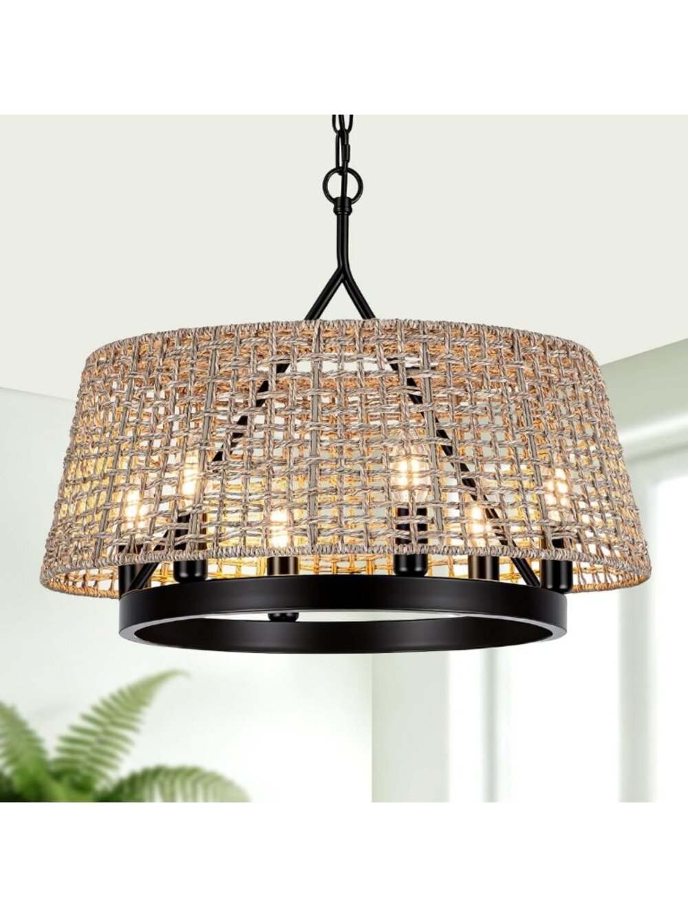 Boho Rattan Chandelier 22" - Hand Woven Pendant Light Fixture for Dining Room